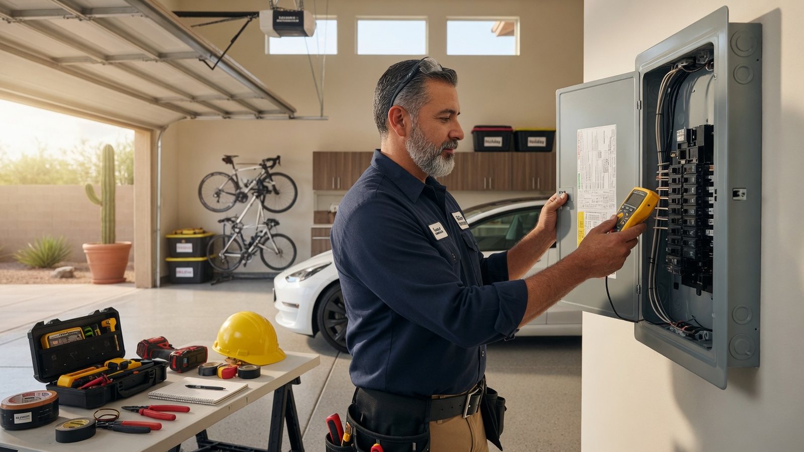 Residential electrician inspecting an electrical panel during repair troubleshooting